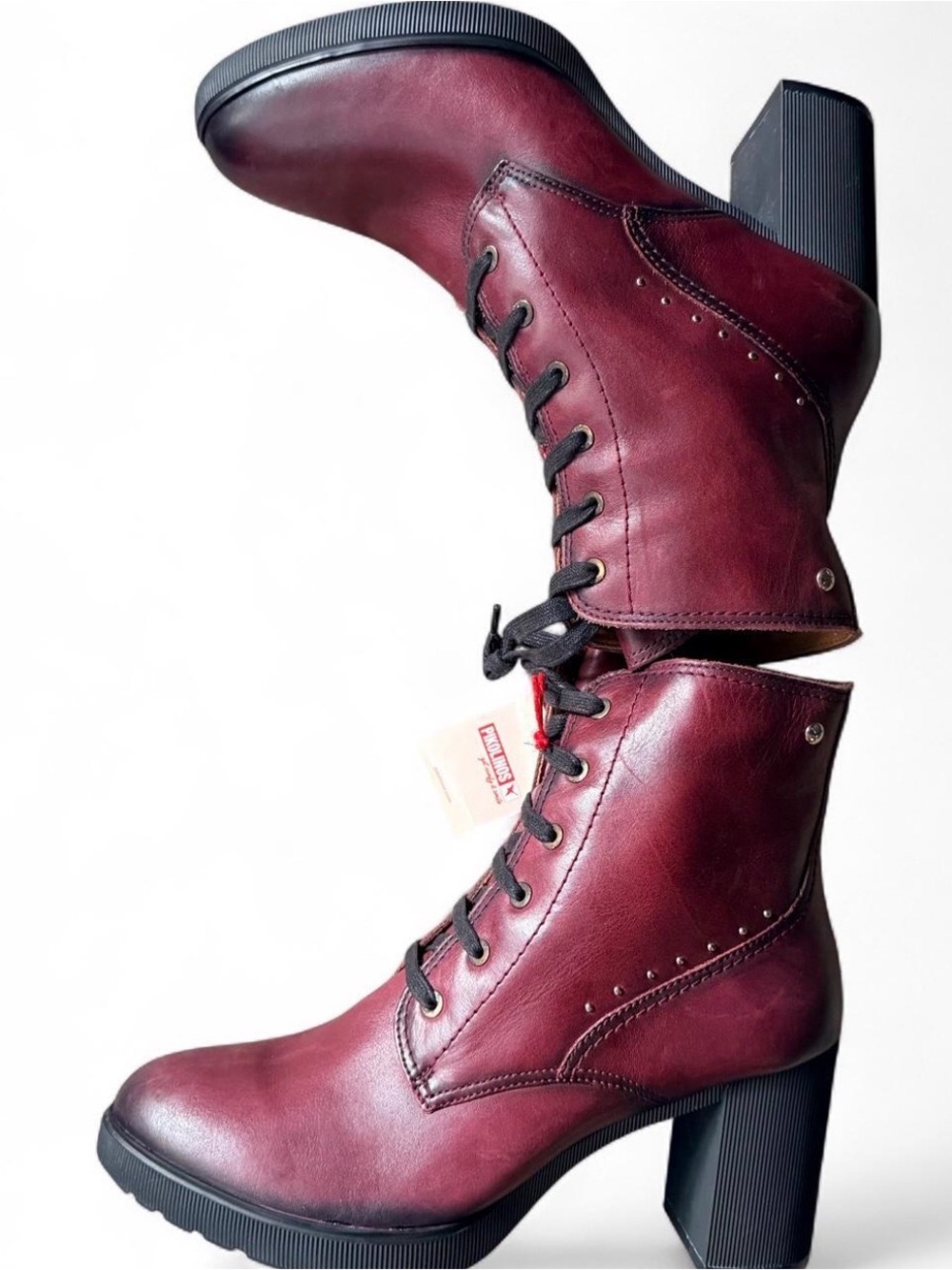 PIKOLINOS Wine Red Leather Lace-Up Block Heel Ankle Boots